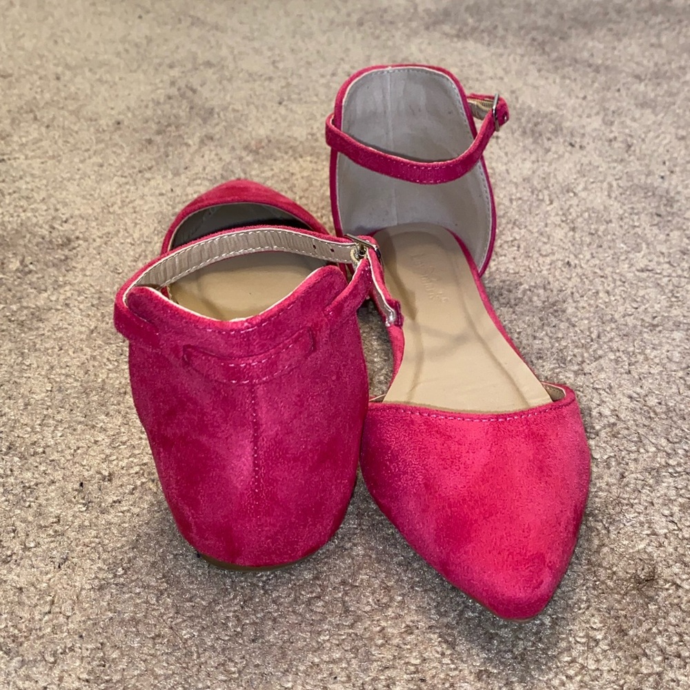 Hot pink pointed toe flats with ankle strap